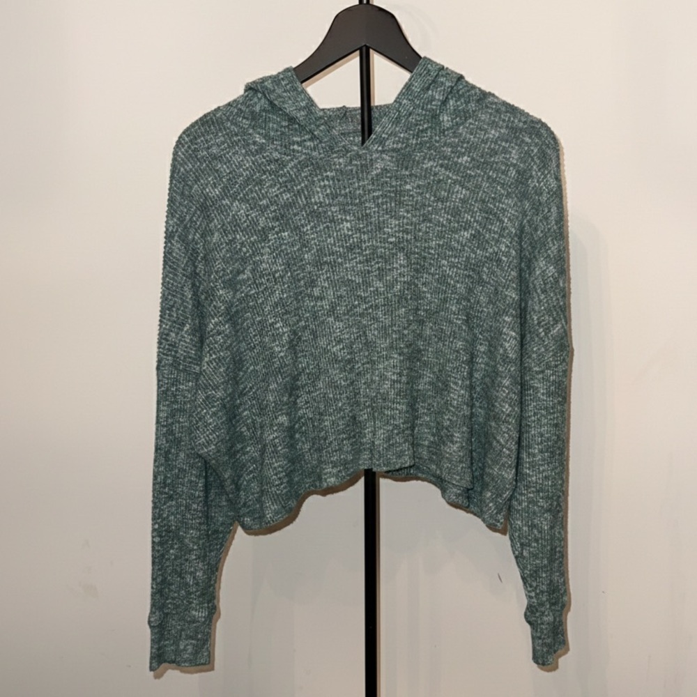 American Eagle Heathered Sage Green Cropped Ribbed Hoodie - XS - Picture 8 of 8